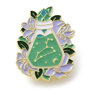 Flower Holy Vase Leo Enamel Pins, Golden Zinc Alloy Brooch for Backpack Clothes, Constellation Theme Badge for Women, Light Green, 31x23.5mm