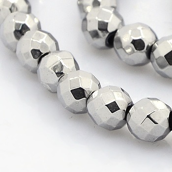 Electroplate Faceted Round Non-magnetic Synthetic Hematite Beads Strands, Platinum Plated, 3mm, Hole: 1mm, about 139pcs/strand, 15.7 inch