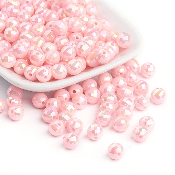 Plating Eco-Friendly Poly Styrene Acrylic Beads, AB Color, Faceted Round, Pink, 8mm, Hole: 1mm, about 2000pcs/500g