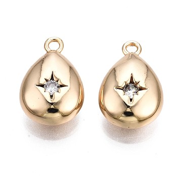 Brass Micro Pave Clear Cubic Zirconia Charms, Teardrop with Star, Real 18K Gold Plated, 14.5x9.5x5mm, Hole: 1.4mm