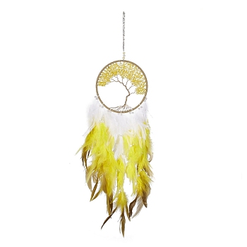 Iron Woven Web/Net with Feather Pendant Decorations, with Plastic and Citrine Stone Beads, Covered with Leather and Brass Cord, Flat Round with Tree of Life, Yellow, 700mm