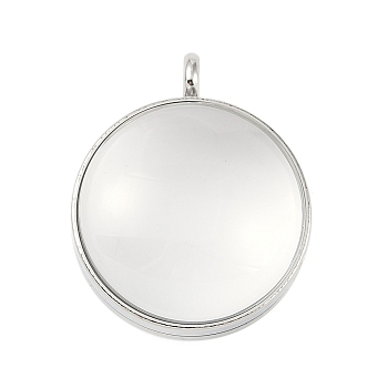 304 Stainless Stee Locket Pendants, with Glass, Flat Round Charm, Stainless Steel Color, 36x29x15.5mm, Hole: 5mm