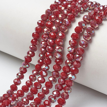 Electroplate Opaque Solid Color Glass Beads Strands, Half Plated, Rainbow Plated, Faceted, Rondelle, FireBrick, 4x3mm, Hole: 0.4mm, about 123~127pcs/strand, 16.5~16.9 inch(42~43cm)