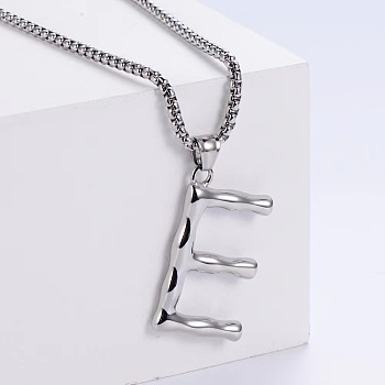 3Pcs Stainless Steel Textured Letter Pendant Box Chain Necklaces, Stainless Steel Color, Letter E