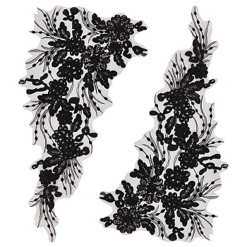 Flower Pattern Polyester Embroidered Lace Appliques, Sewing Ornaments, DIY Costume Accessories, Black, 450x245x1mm