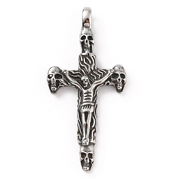 304 Stainless Steel Pendants, Skull with Crucifix Cross Charm, Antique Silver, 70.5x33x6.5mm, Hole: 7x5.5mm