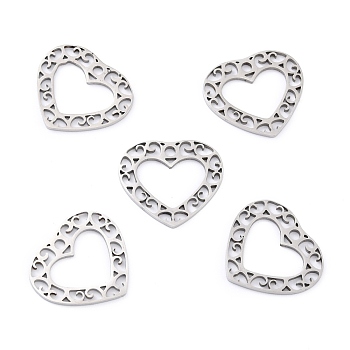 201 Stainless Steel Pendants, Heart with Floral Pattern, Stainless Steel Color, 19.5x17.5x1mm, Hole: 1.4mm