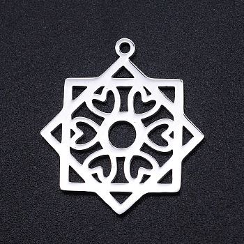 201 Stainless Steel Pendants, Filigree Joiners Findings, Laser Cut, Flower, Stainless Steel Color, 25x22.5x1mm, Hole: 1.5mm
