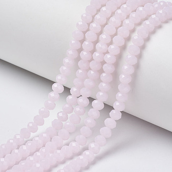 Glass Beads Strands, Imitation Jade, Faceted, Rondelle, Pink, 6x5mm, Hole: 1mm, about 87~90pcs/strand, 17~17.5 inch(42.5~43.75cm)