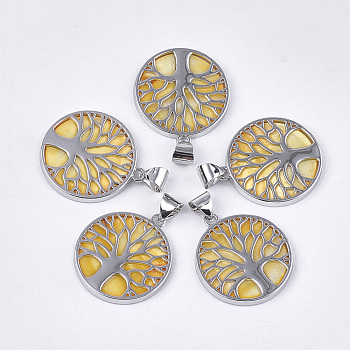 Freshwater Shell Pendants, with Alloy Findings, Dyed, Flat Round with Tree of Life, Platinum, Yellow, 37.5x33.5x3mm, Hole: 6x8.5mm