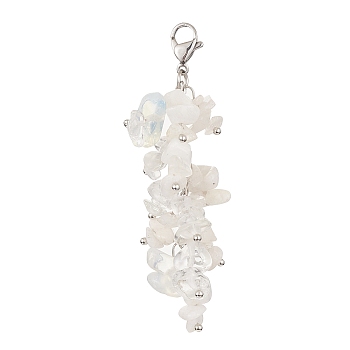 Natural Rainbow Moonstone & Opalite Chip Beaded Pendant Decorations, 304 Stainless Steel Lobster Claw Clasps, 66~69mm