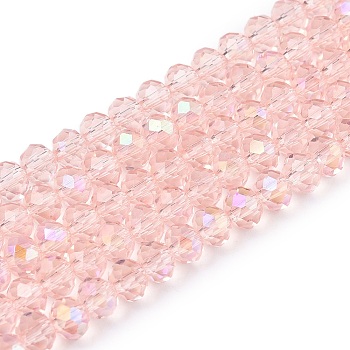 Electroplate Glass Beads Strands, Half Rainbow Plated, Faceted, Rondelle, Pink, 4x3mm, Hole: 0.4mm, about 113~115pcs/strand, 41~41.5cm