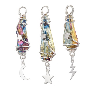 3Pcs 3 Styles Electroplated Natural Quartz Crystal Nuggets Copper Wire Wrapped Pendants, with Brass Moon Star Lightning Bolt, Silver Color Plated, Colorful, 43.5~46x7.5~13.5x8~10mm, Hole: 3.5mm, 1pc/style