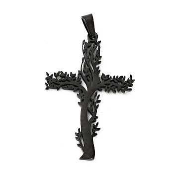 201 Stainless Steel Pendants, Cross with Tree, Electrophoresis Black, 47x31.5x2mm, Hole: 6.5x4mm