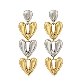 Brass Stud Earrings, Heart, Platinum & Real 18K Gold Plated, 59x16.5mm