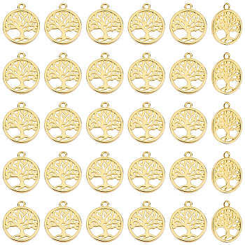 Brass Pendant, Flat Round with Tree of Life, Real 18K Gold Plated, 18x15x1.5mm, Hole: 1.6mm, 30pcs/box