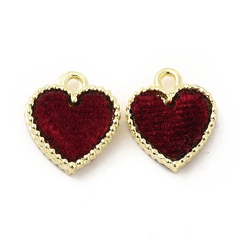 Alloy Charms, with Velvet, Heart Charm, Dark Red, 15x12.5x3.5mm, Hole: 1.5mm