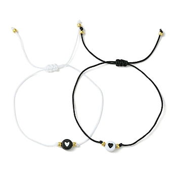 2Pcs 2 Color Acrylic Heart & Glass Seed Braided Bead Bracelet Set, Adjustable Bracelets, Black and White, Inner Diameter: 3-1/4 inch(8.1cm), 1Pc/color