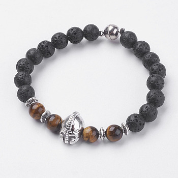 Natural Lava Rock Beads Bracelets, with Natural Tiger Eye, Magnetic Clasp and Alloy Finding, Gladiator Helmet, Antique Silver, 8-1/8 inch(205mm), 16x11x9mm