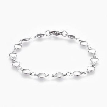 304 Stainless Steel Link Chain Bracelets, with Lobster Claw Clasps, Flat Round, Stainless Steel Color, 7-5/8 inch(19.5cm)
