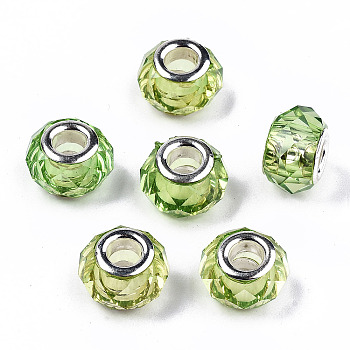 Transparent Resin European Beads, Imitation Crystal, Large Hole Beads, with Silver Tone Brass Double Cores, Faceted, Rondelle, Yellow Green, 14x9.5mm, Hole: 5mm