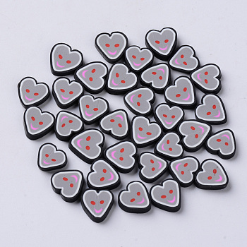 Handmade Polymer Clay Nail Art Decoration Accessories, Fashion Nail Care Cabochons, Heart with Smile, Dark Gray, 9~12x9~12x2mm, about 80~100pcs/20g