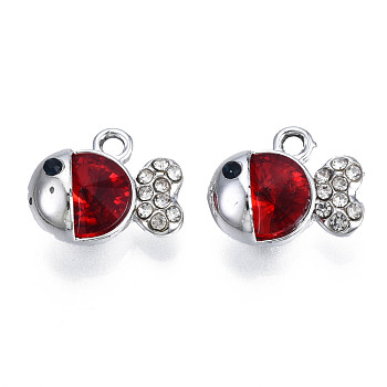 UV Plating Alloy Charms, with Crystal Rhinestone and Glass, Platinum, Cadmium Free & Lead Free, Fish, Red, 11.5x14.5x7mm, Hole: 1.8mm
