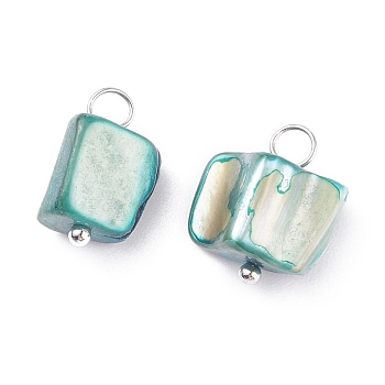 Natural Freshwater Shell Charms, with Platinum Tone Brass Findings, Dyed, Cyan, 13.5~14x9~12x6.5mm, Hole: 2.5mm