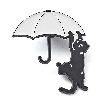 Umbrella Cat Zinc Alloy Brooches, Black Kitten with Umbrella Enamel Pins, for Backpack Clothes, White, 25x30x1.5mm