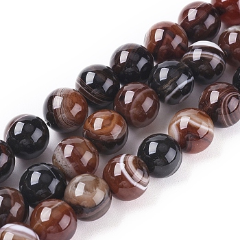 Natural Striped Agate/Banded Agate Beads Strands, Dyed & Heated, Round, Coconut Brown, 10mm, Hole: 1.2mm, about 37pcs/strand, 14.65 inch(37.2cm)