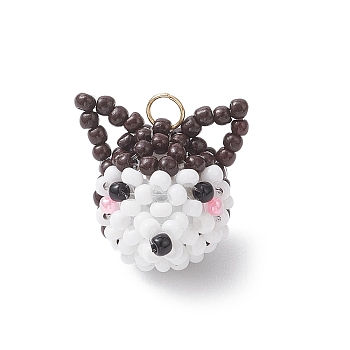 Glass Seed Beaded Pendants, with 304 Stainless Steel Jump Rings, Dog Charm, Coconut Brown, 18.5x17.5x16.5mm, Hole: 3mm