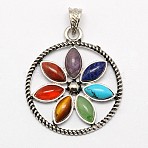 Vintage Chakra Jewelry Alloy Bezel Gemstone Pendants, Circle with Flower of Life/Sacred Geometry, Antique Silver, 46x40x4mm, Hole: 7x4mm(G-M039-03)