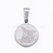 304 Stainless Steel Pendants, Flat Round with Angel, Stainless Steel Color, 17x15x1mm, Hole: 8x4mm(STAS-H355-10P)