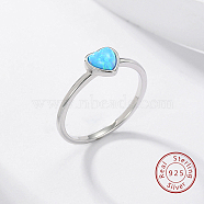 Light Sky Blue Synthetic Opal Heart Finger Ring, 925 Sterling Silver Rings, Silver, Inner Diameter: 16mm(FM4105-3)
