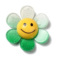Acrylic Big Pendants with Glitter Powder, Two Tone Flower with Smile, Sea Green, 52x48x14.5mm, Hole: 2mm(MACR-M023-03C)