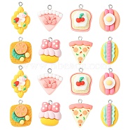 40Pcs 8 Styles Opaque Resin Pendants, Imitation Food Charm, with Platinum Tone Iron Loops, Cookie & Pizza & Croissant & Hot Dog, Mixed Shapes, Mixed Color, 24~30x16~24x7~10mm, Hole: 2.2mm, 5pcs/style(RESI-CJ0003-47)