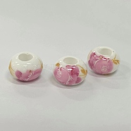 Handmade Porcelain European Beads, Large Hole Beads, No Metal Core, Rondelle, Pearl Pink, 14x9mm, Hole: 5mm(PORC-TAC0004-03B)