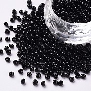 Glass Seed Beads, Opaque Colours Seed, Small Craft Beads for DIY Jewelry Making, Round, Black, 3mm, Hole:1mm, about 10000pcs/pound(SEED-A010-3mm-49)