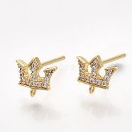 Brass Cubic Zirconia Stud Earring Findings, with Loop, Crown, Nickel Free, Real 18K Gold Plated, Clear, 7x8mm, Hole: 0.8mm, Pin: 0.7mm(KK-S350-384)