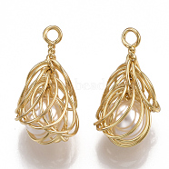 Brass Filigree Pendants, with ABS Plastic Imitation Pearl, Nickel Free, Real 18K Gold Plated, 22.5x12.5x12.5mm, Hole: 1.5mm(KK-T038-129G)