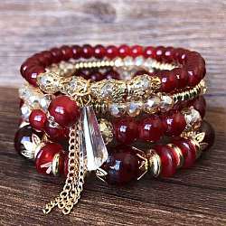 4Pcs 4 Styles Bohemian Style Alloy Glass Round Beaded Stretch Bracelets, Golden, Dark Red, 6-3/4 inch(17cm)(FS-WG80D8B-01)