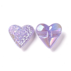 Rainbow Iridescent Plating Acrylic Beads, Glitter Beads, Heart with Flower Pattern, Lilac, 32x32x13.5mm, Hole: 3mm(OACR-A010-04B)