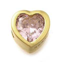 925 Sterling Silver Cubic Zirconia Beads, Heart, with 925 Stamp, Golden, Pink, 6.5x6.5x4.5mm, Hole: 1.5mm(STER-L066-06G-03)