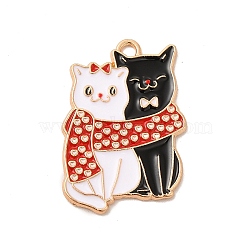 Alloy Enamel Pendants, Light Gold, Couple Cat Charm, White, 27x19x1.5mm, Hole: 2mm(ENAM-A143-08KCG-02)