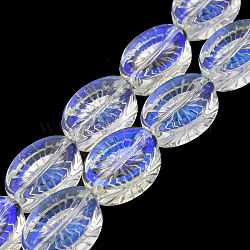 AB Color Plated Electroplate Transparent Glass Beads Strands, Oval with Flower, Blue, 14x10.4x4.8mm, Hole: 1.2mm, about 45pcs/strand, 25.04 inch(63.6cm)(EGLA-G037-13A-AB01)