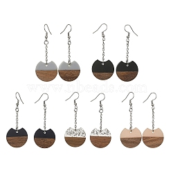 Two Tone Resin & Walnut Wood Flat Round Dangle Earrings, 304 Stainless Steel Long Drop Earrings, Mixed Color, 63x24.5mm(EJEW-JE05570)