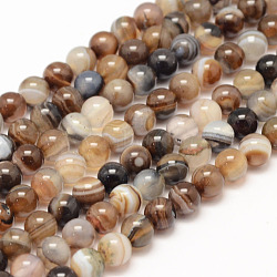 Natural Striped Agate/Banded Agate Bead Strands, Round, Grade A, Dyed & Heated, Coffee, 6mm, Hole: 1mm, about 62~63pcs/strand, 14.5 inch(X-G-K155-A-6mm-14)