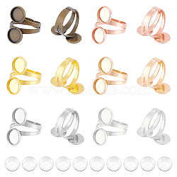 DIY Blank Dome Finger Ring Making Kit, Including Brass Cuff Finger Rings Components with Double Flat Round Settings, Glass Cabochons, Mixed Color, Inner Diameter: 20.1mm, 48Pcs/box(DIY-UN0004-12B)