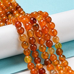 Natural Agate Beads Strands, Dyed & Heated, Round, Faceted, Orange, 6mm, Hole: 1mm, about 62pcs/strand, 14.37~14.76 inch(36.5~37.5cm)(G-C082-A01-06)