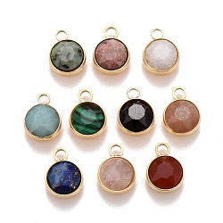 Faceted Natural Gemstone Charms, Ion Plating(IP) 304 Stainless Steel Settings, Real 18K Gold Plated, Flat Round, 10x7.5x5mm, Hole: 1.8mm(STAS-D177-01G)